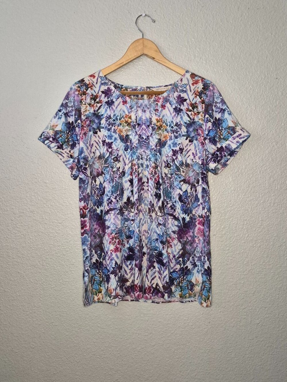 Women's Soft Surroundings Purple Blue Pleater Short Sleeve Flowy Blouse Top Med